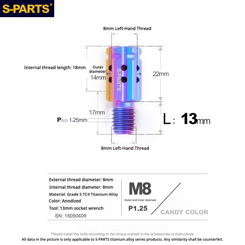 S-PARTS TC4 Titanium M8 to M8 Mirror Adapter Bolt | RH & LH Thread for Motorcycle / E-Bike