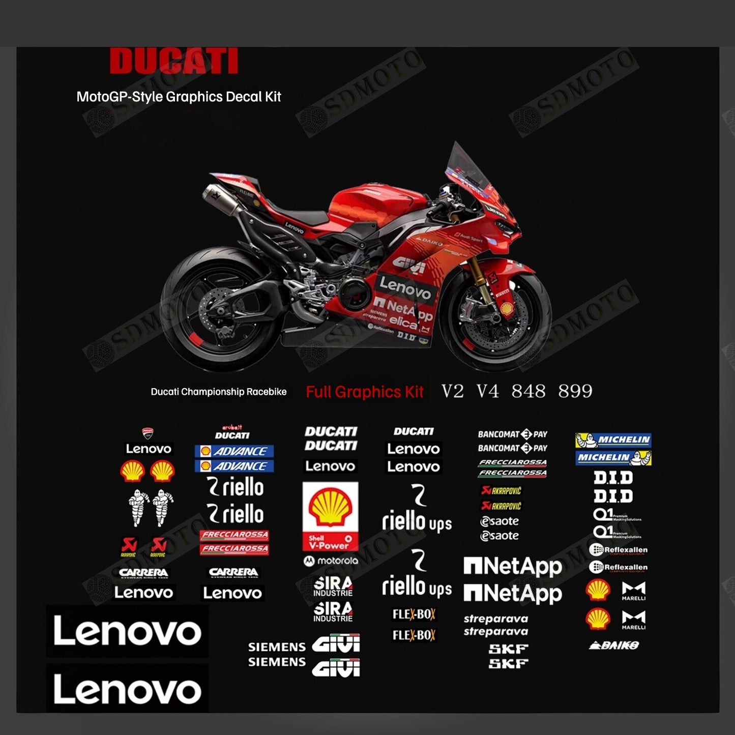 Ducati Panigale V2 / V4 / 848 / 899 / 959 / 1098 / 1199 / 1299 MotoGP Motorcycle Decals & Fairing Stickers