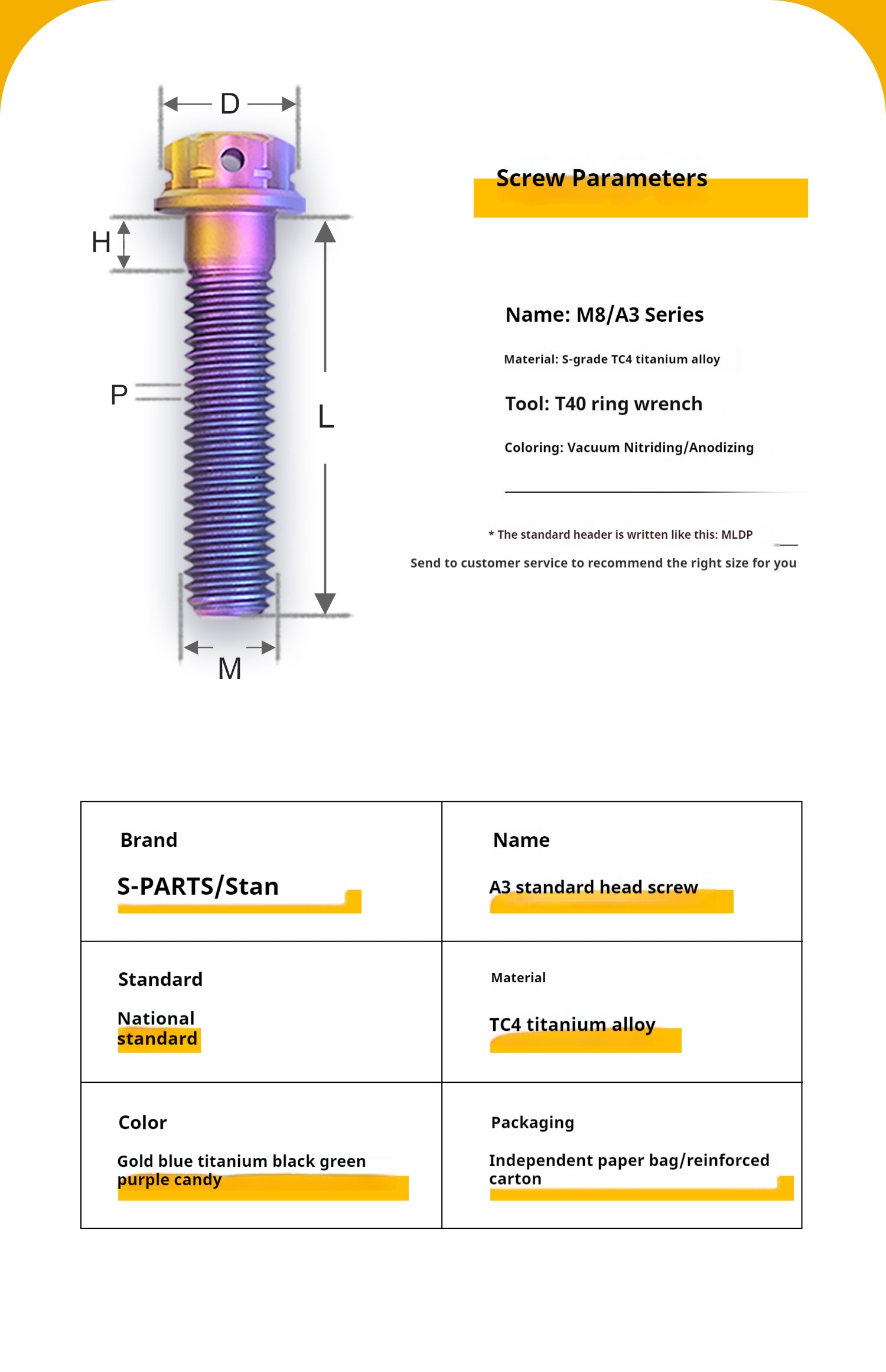 -PARTS M8 A3 Titanium Motorcycle Bolt – Multi-Length, Standard Head