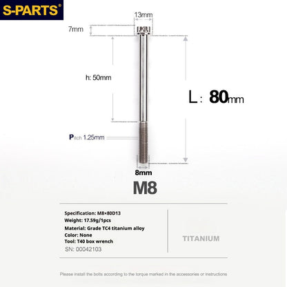 S-PARTS Titanium M8 Bolts A3 Series | Motorcycle Modification Screws for Caliper, Handlebar, Suspension | L10-120mm