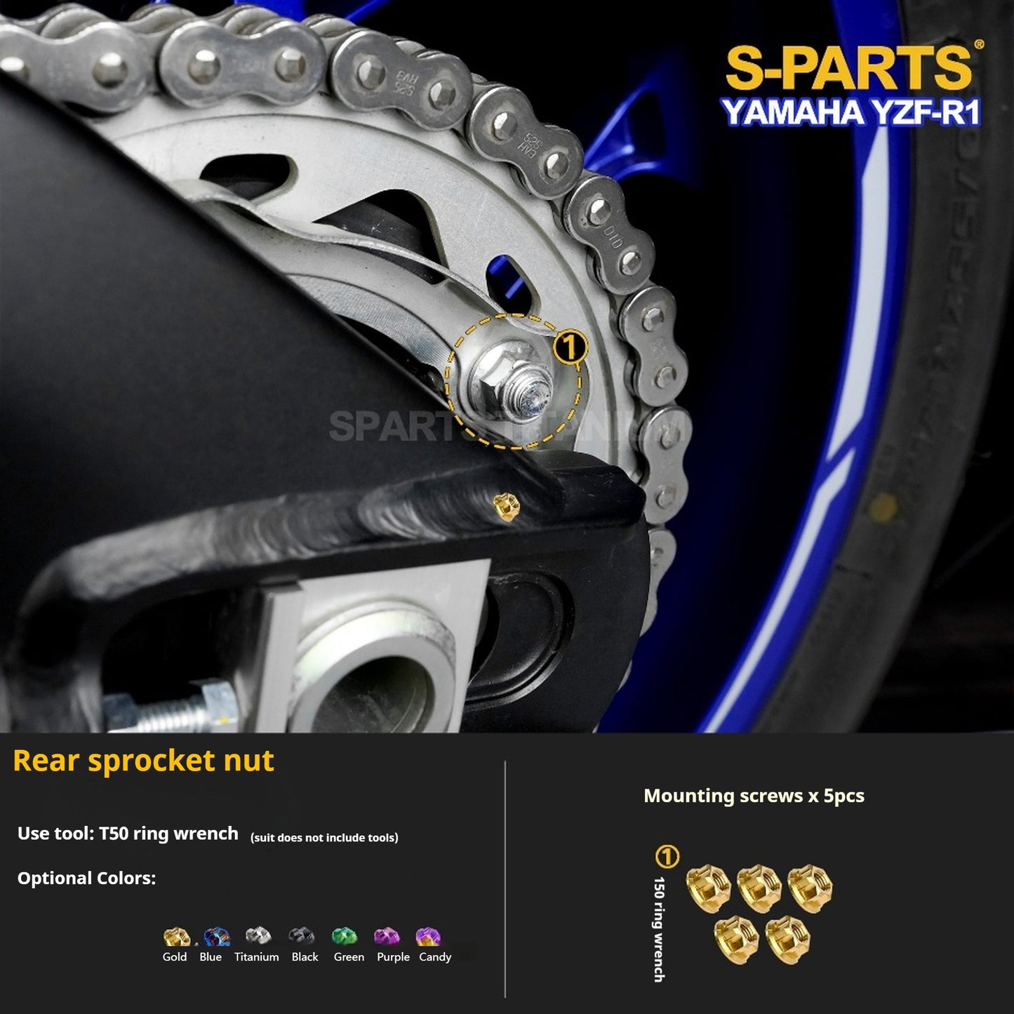 SPARTS Titanium Fasteners for Yamaha YZF-R1 - Rear Wheel, Sprocket Nut & Brake