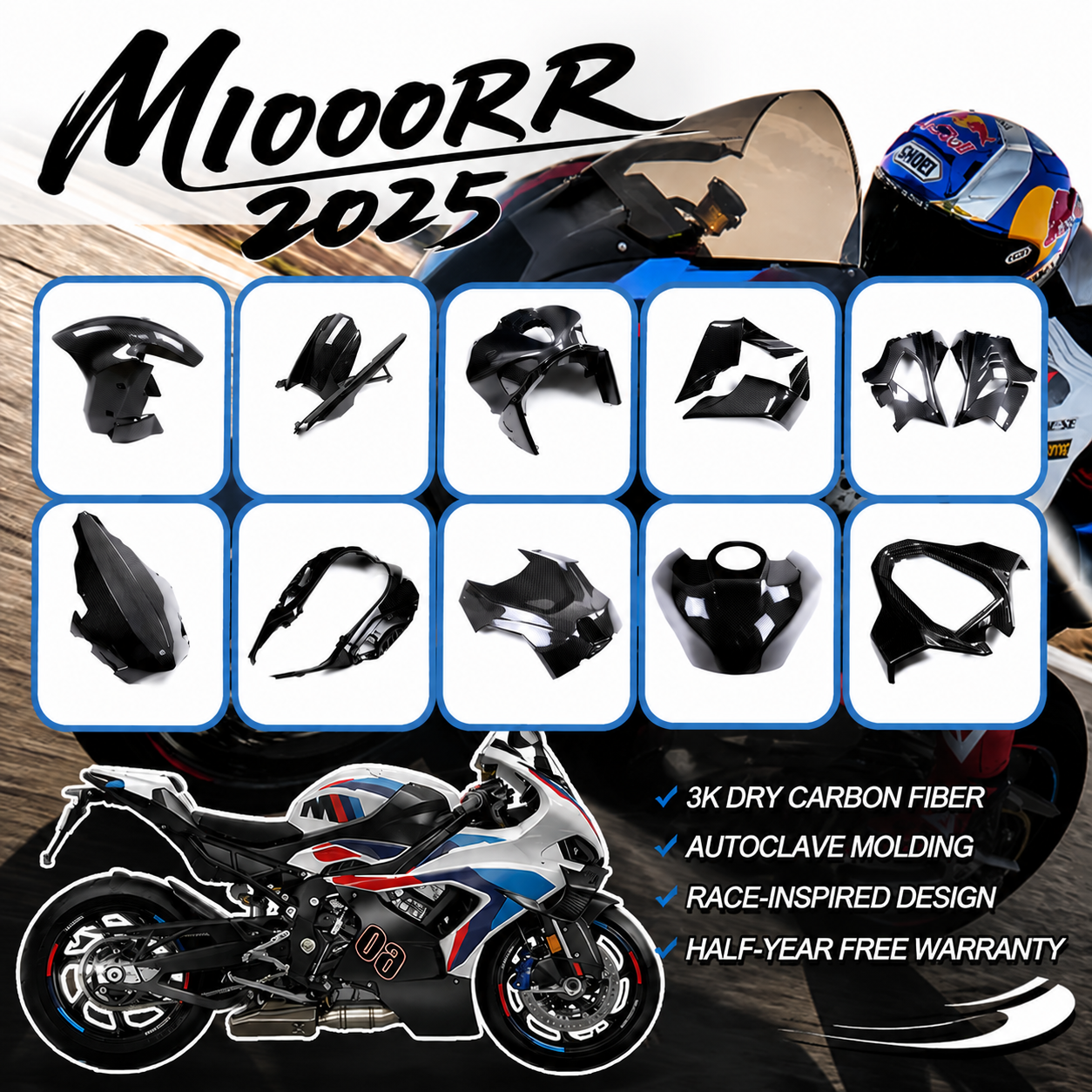 BMW S1000RR / M1000RR 2025 Full Carbon Fiber Fairing Kit 3K Dry Carbon Motorcycle Racing Bodywork