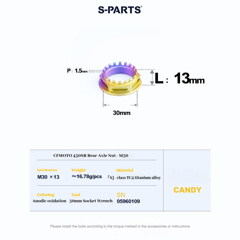 SPARTS Titanium Front & Rear Axle Nuts for CFMOTO 450SR – TC4 High-Strength Lightweight Motorcycle Upgrade
