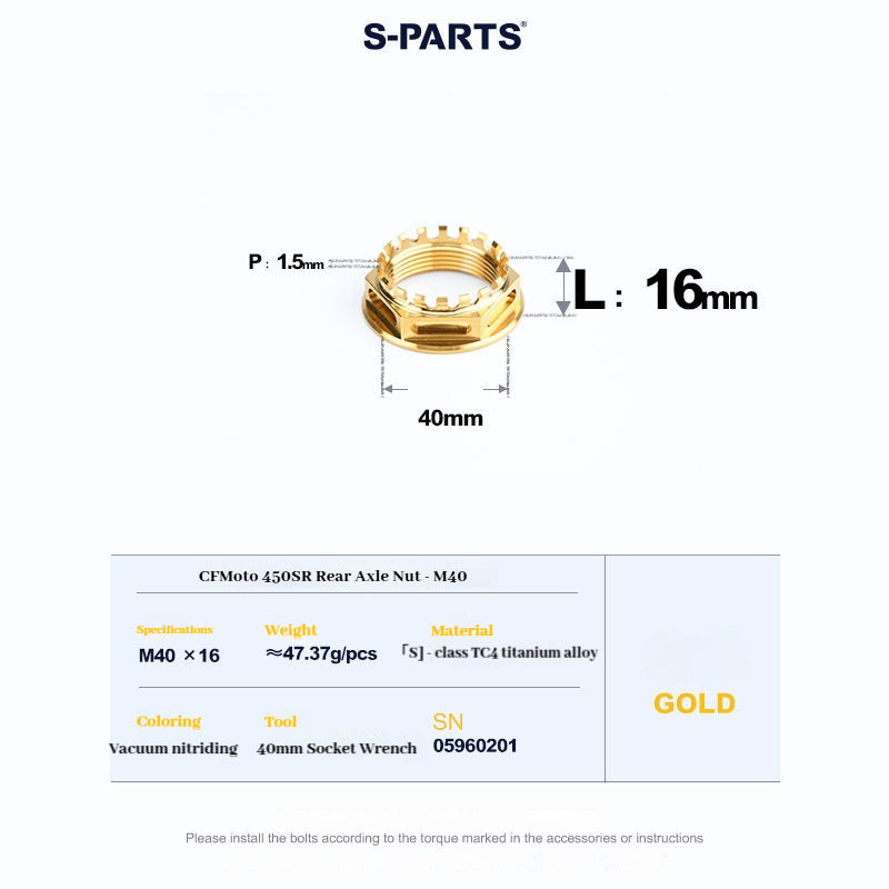 SPARTS Titanium Front & Rear Axle Nuts for CFMOTO 450SR – TC4 High-Strength Lightweight Motorcycle Upgrade