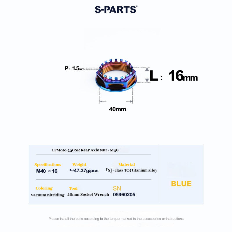 SPARTS Titanium Front & Rear Axle Nuts for CFMOTO 450SR – TC4 High-Strength Lightweight Motorcycle Upgrade