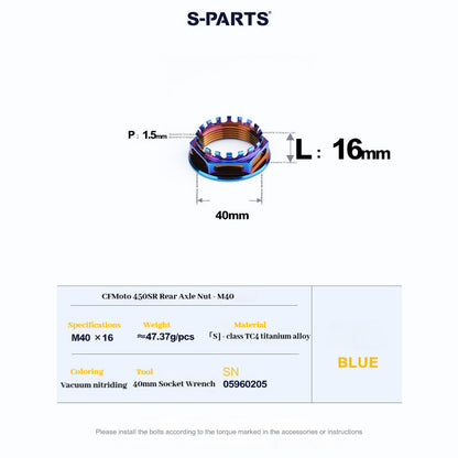 SPARTS Titanium Front & Rear Axle Nuts for CFMOTO 450SR – TC4 High-Strength Lightweight Motorcycle Upgrade