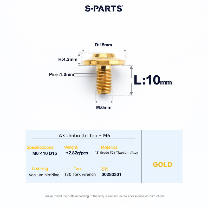 SPARTS A3 Series M6 Titanium Button Head Bolt D15 Grade TC4 | Motorcycle & E-Bike Upgrade Screw