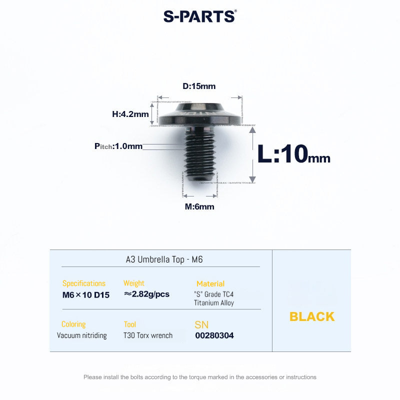 SPARTS A3 Series M6 Titanium Button Head Bolt D15 Grade TC4 | Motorcycle & E-Bike Upgrade Screw