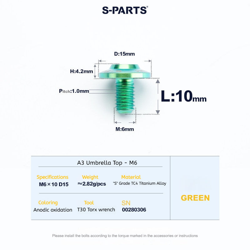 SPARTS A3 Series M6 Titanium Button Head Bolt D15 Grade TC4 | Motorcycle & E-Bike Upgrade Screw
