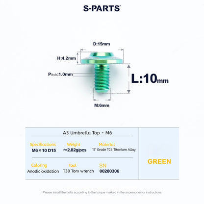 SPARTS A3 Series M6 Titanium Button Head Bolt D15 Grade TC4 | Motorcycle & E-Bike Upgrade Screw