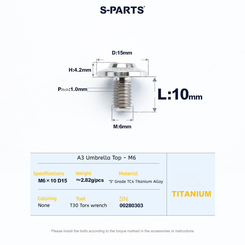 SPARTS A3 Series M6 Titanium Button Head Bolt D15 Grade TC4 | Motorcycle & E-Bike Upgrade Screw