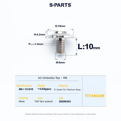 SPARTS A3 Series M6 Titanium Button Head Bolt D15 Grade TC4 | Motorcycle & E-Bike Upgrade Screw