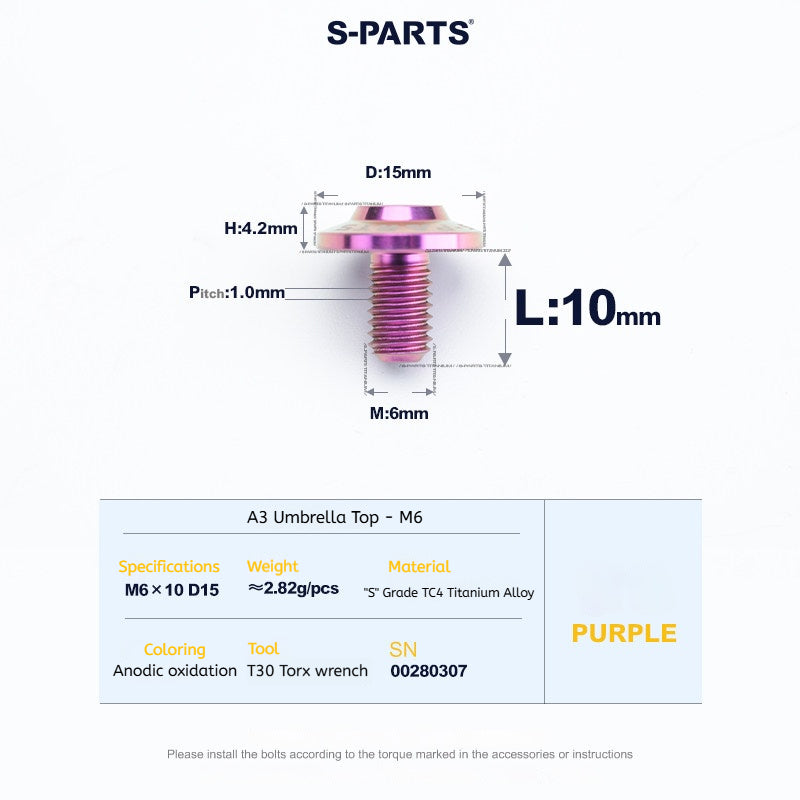 SPARTS A3 Series M6 Titanium Button Head Bolt D15 Grade TC4 | Motorcycle & E-Bike Upgrade Screw