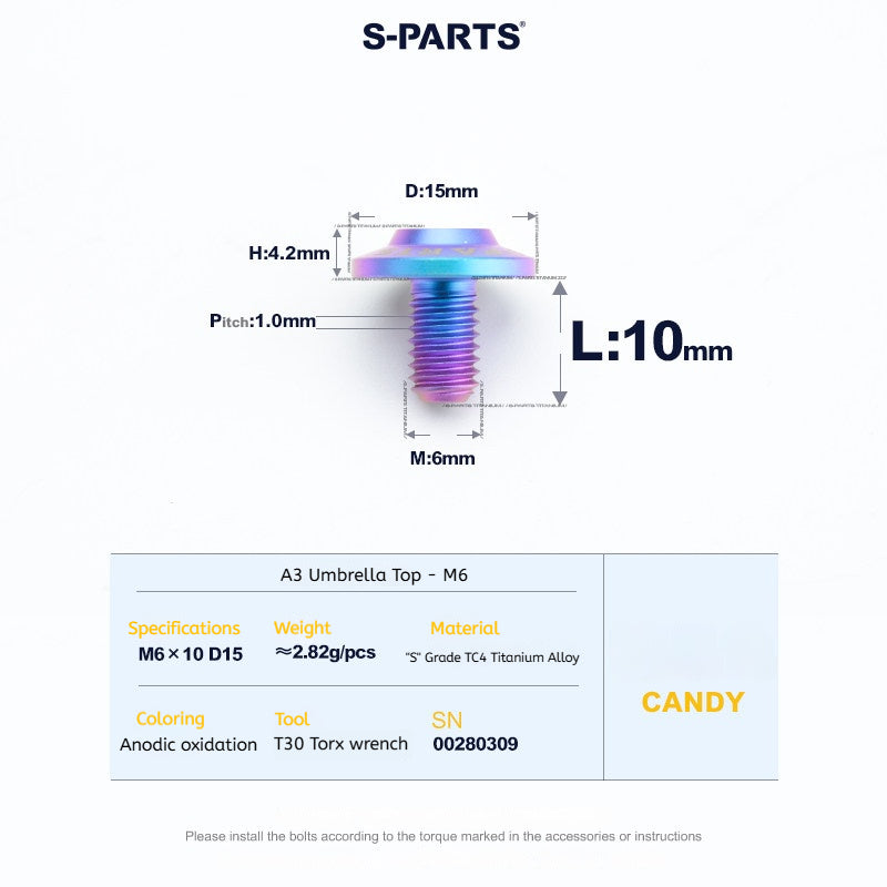 SPARTS A3 Series M6 Titanium Button Head Bolt D15 Grade TC4 | Motorcycle & E-Bike Upgrade Screw