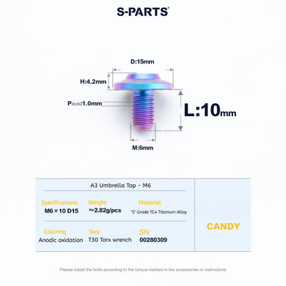 SPARTS A3 Series M6 Titanium Button Head Bolt D15 Grade TC4 | Motorcycle & E-Bike Upgrade Screw