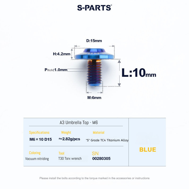 SPARTS A3 Series M6 Titanium Button Head Bolt D15 Grade TC4 | Motorcycle & E-Bike Upgrade Screw