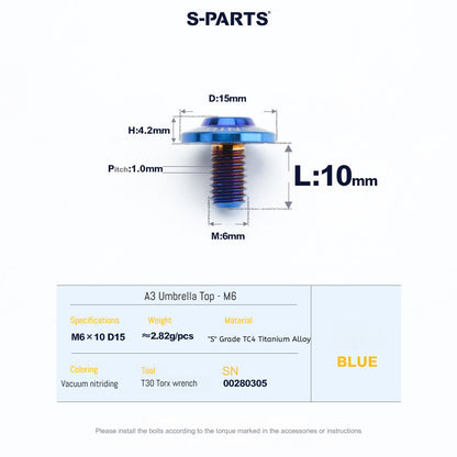 SPARTS A3 Series M6 Titanium Button Head Bolt D15 Grade TC4 | Motorcycle & E-Bike Upgrade Screw