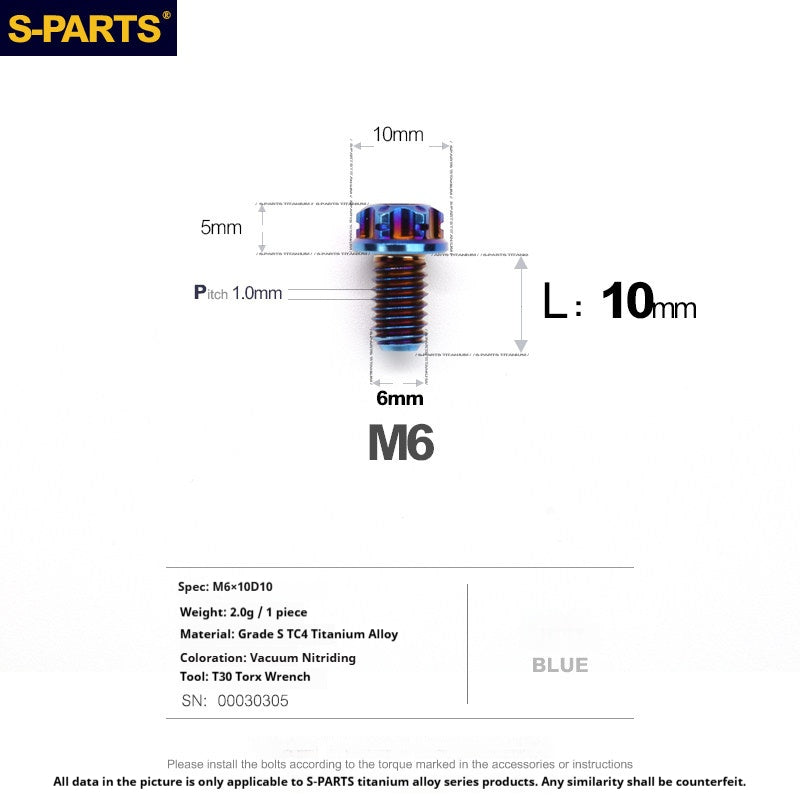 S-PARTS STAN M6 A3 Series TC4 Titanium Bolts – Standard Head Fasteners for Motorcycle & E-Motorcycle Upgrades