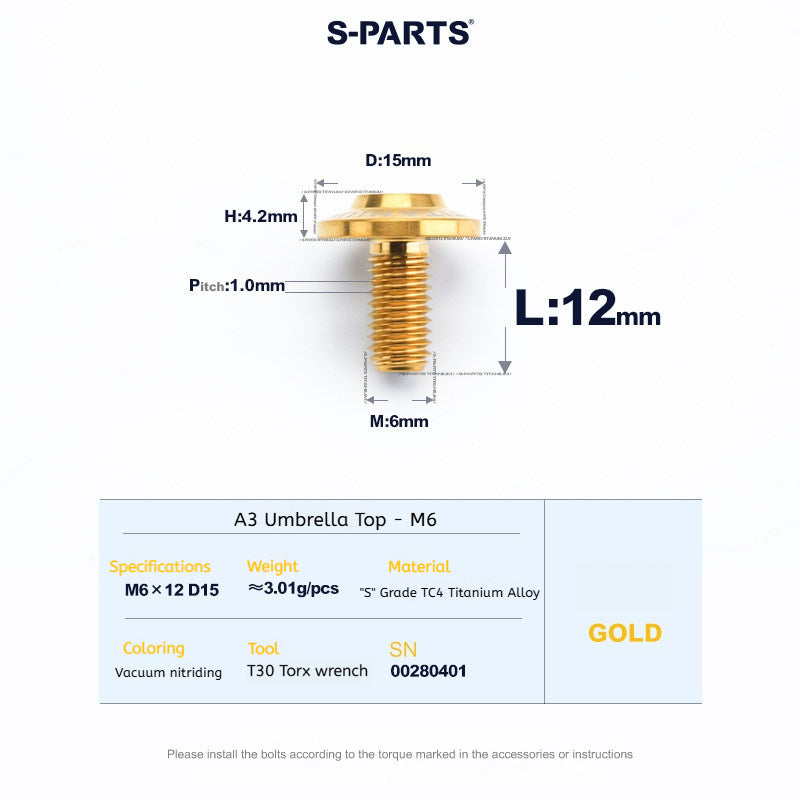 SPARTS A3 Series M6 Titanium Button Head Bolt D15 Grade TC4 | Motorcycle & E-Bike Upgrade Screw