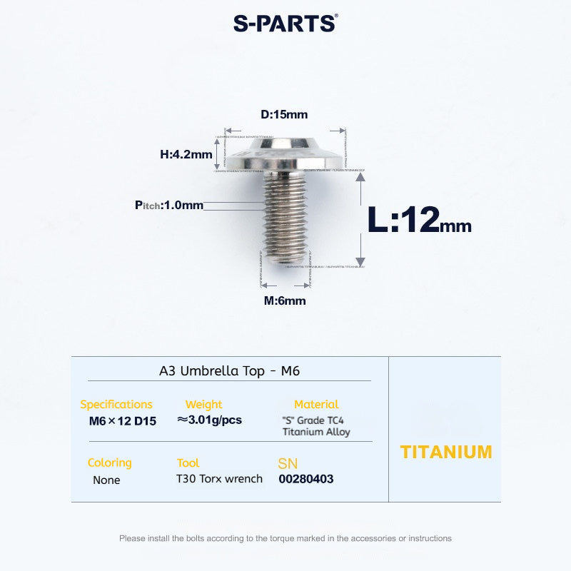 SPARTS A3 Series M6 Titanium Button Head Bolt D15 Grade TC4 | Motorcycle & E-Bike Upgrade Screw