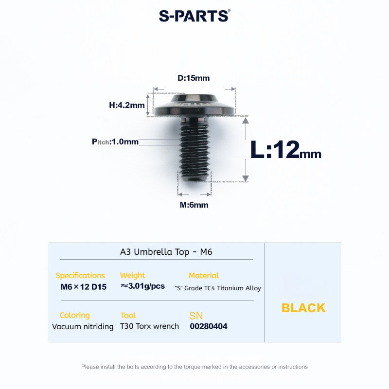 SPARTS A3 Series M6 Titanium Button Head Bolt D15 Grade TC4 | Motorcycle & E-Bike Upgrade Screw
