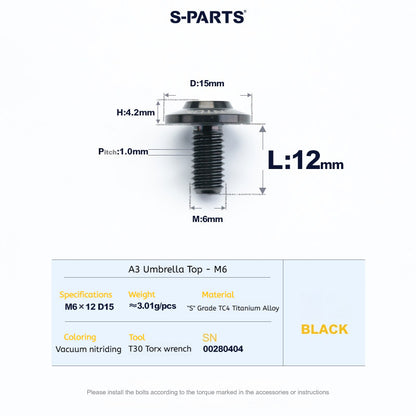 SPARTS A3 Series M6 Titanium Button Head Bolt D15 Grade TC4 | Motorcycle & E-Bike Upgrade Screw