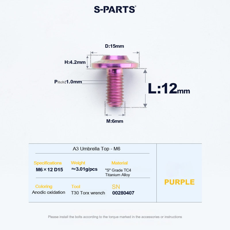SPARTS A3 Series M6 Titanium Button Head Bolt D15 Grade TC4 | Motorcycle & E-Bike Upgrade Screw