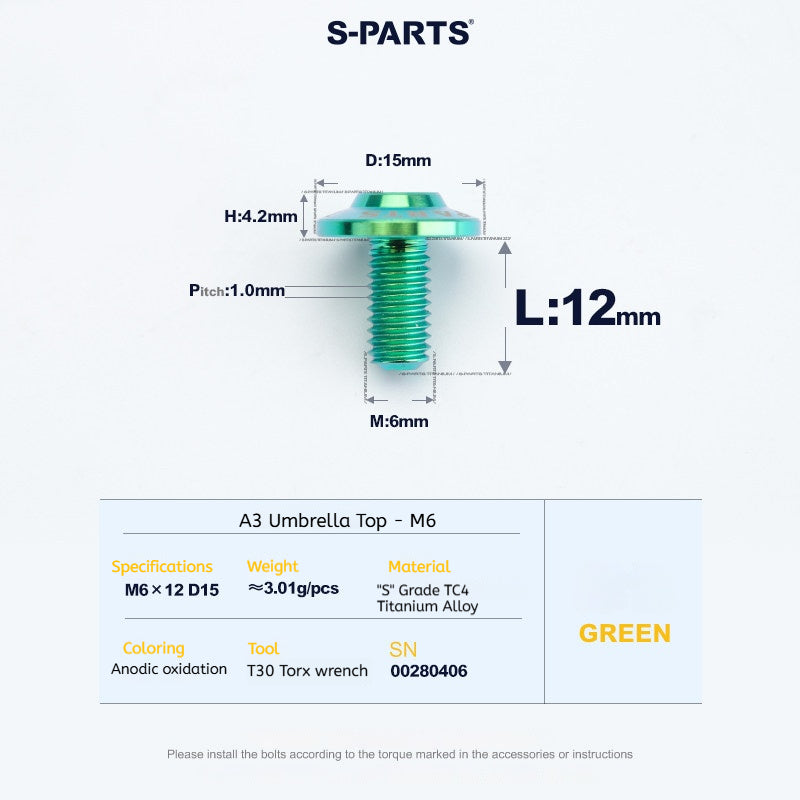 SPARTS A3 Series M6 Titanium Button Head Bolt D15 Grade TC4 | Motorcycle & E-Bike Upgrade Screw