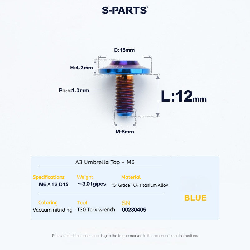 SPARTS A3 Series M6 Titanium Button Head Bolt D15 Grade TC4 | Motorcycle & E-Bike Upgrade Screw
