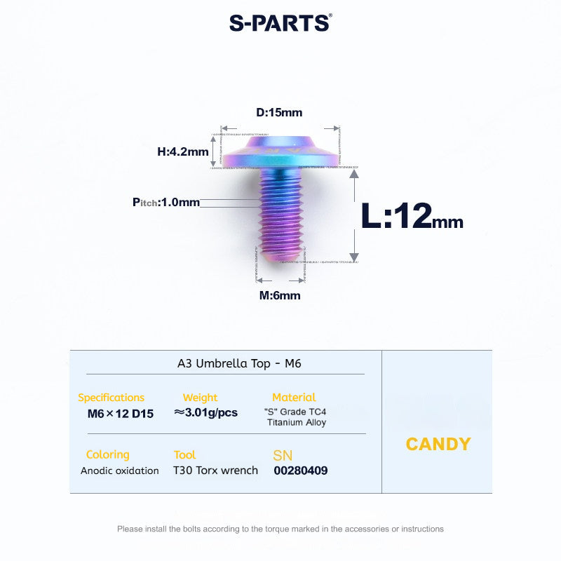 SPARTS A3 Series M6 Titanium Button Head Bolt D15 Grade TC4 | Motorcycle & E-Bike Upgrade Screw