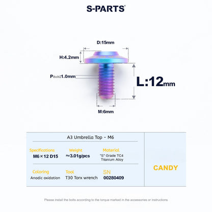 SPARTS A3 Series M6 Titanium Button Head Bolt D15 Grade TC4 | Motorcycle & E-Bike Upgrade Screw