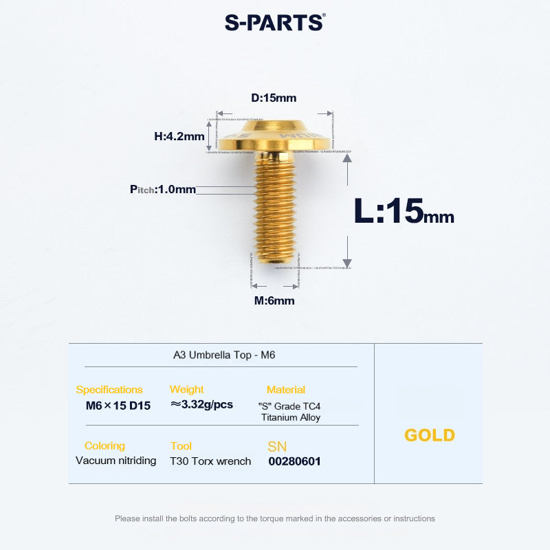 SPARTS A3 Series M6 Titanium Button Head Bolt D15 Grade TC4 | Motorcycle & E-Bike Upgrade Screw