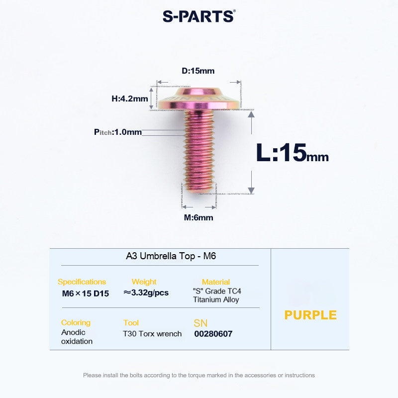 SPARTS A3 Series M6 Titanium Button Head Bolt D15 Grade TC4 | Motorcycle & E-Bike Upgrade Screw