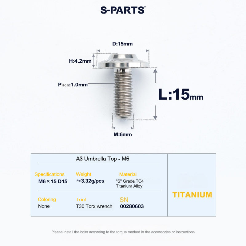 SPARTS A3 Series M6 Titanium Button Head Bolt D15 Grade TC4 | Motorcycle & E-Bike Upgrade Screw