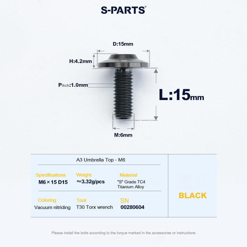 SPARTS A3 Series M6 Titanium Button Head Bolt D15 Grade TC4 | Motorcycle & E-Bike Upgrade Screw