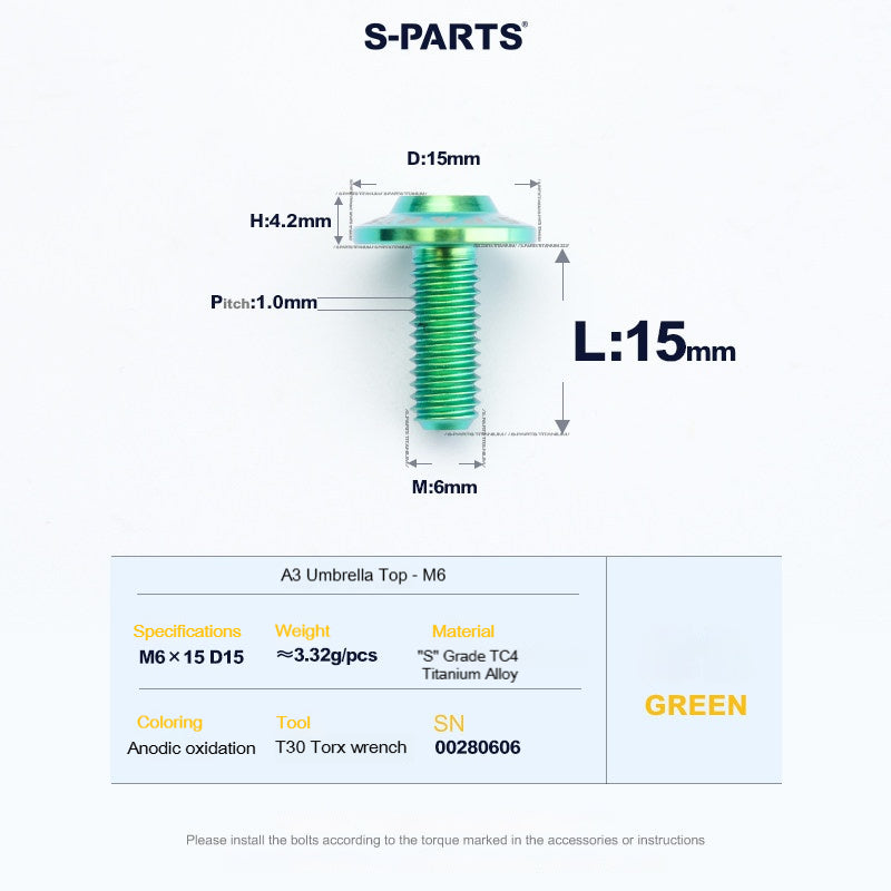 SPARTS A3 Series M6 Titanium Button Head Bolt D15 Grade TC4 | Motorcycle & E-Bike Upgrade Screw