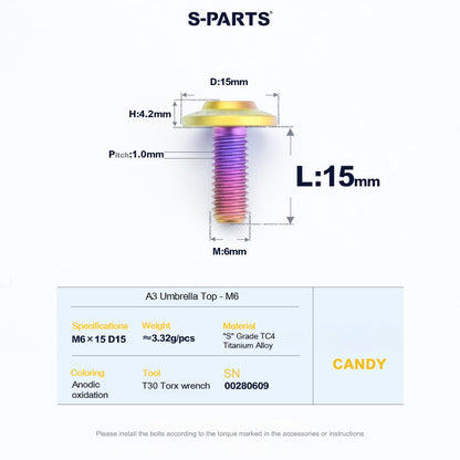 SPARTS A3 Series M6 Titanium Button Head Bolt D15 Grade TC4 | Motorcycle & E-Bike Upgrade Screw