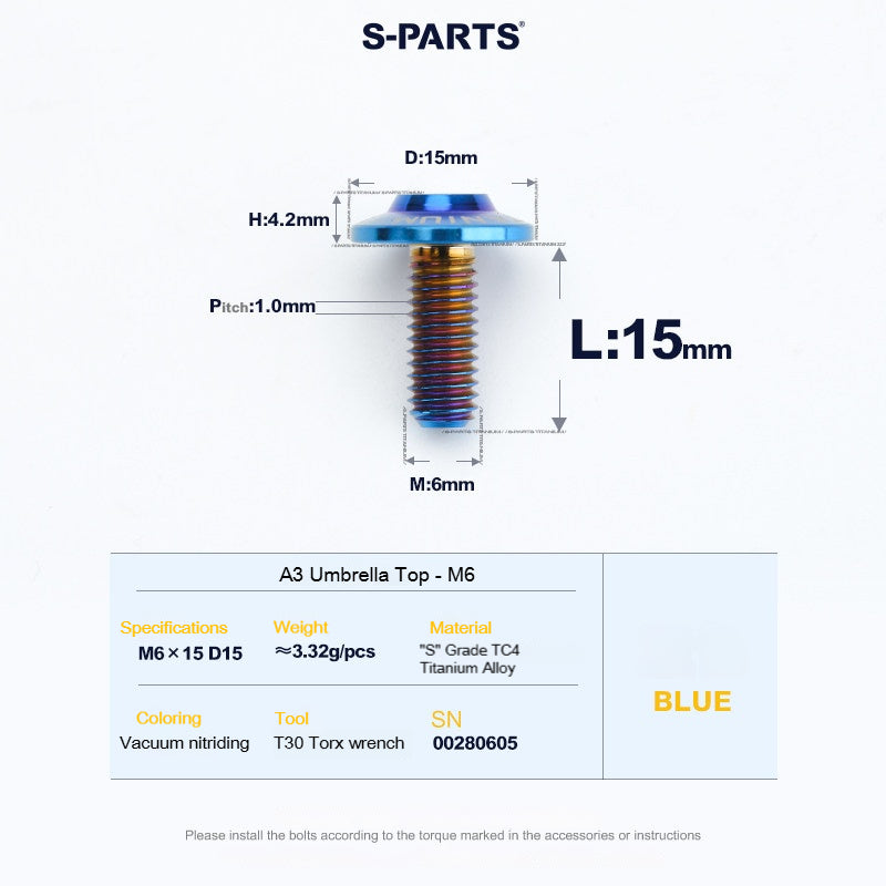SPARTS A3 Series M6 Titanium Button Head Bolt D15 Grade TC4 | Motorcycle & E-Bike Upgrade Screw