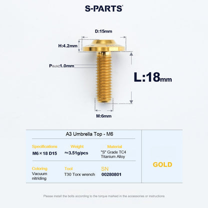 SPARTS A3 Series M6 Titanium Button Head Bolt D15 Grade TC4 | Motorcycle & E-Bike Upgrade Screw