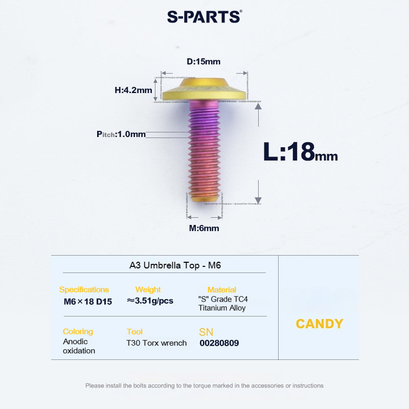 SPARTS A3 Series M6 Titanium Button Head Bolt D15 Grade TC4 | Motorcycle & E-Bike Upgrade Screw