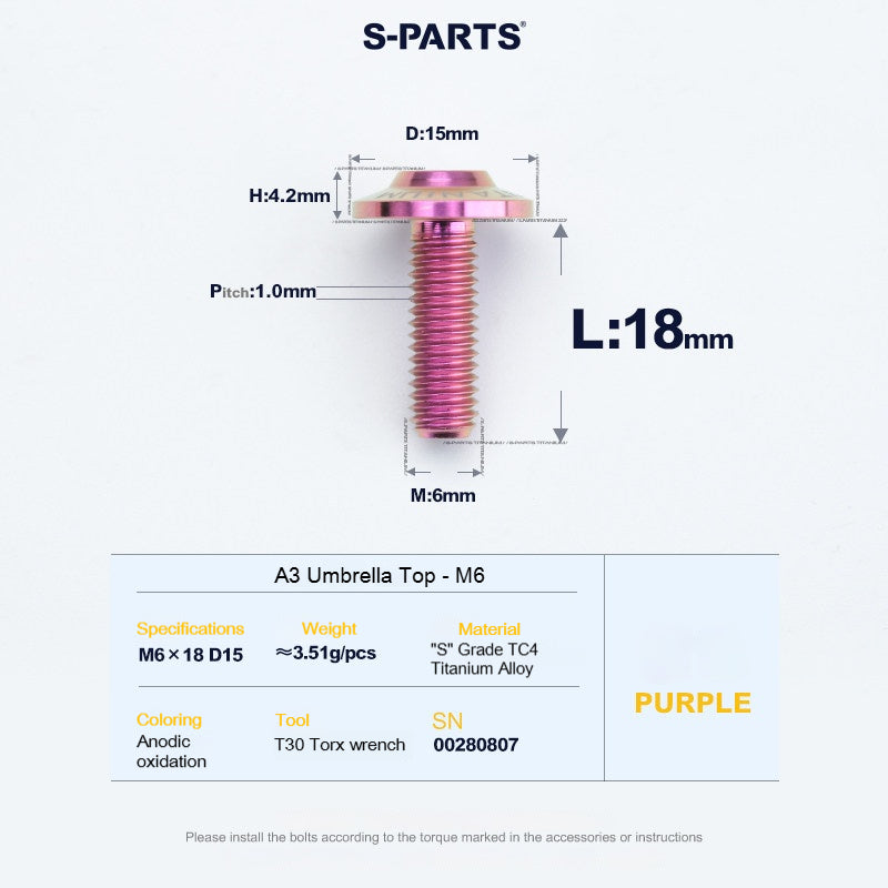 SPARTS A3 Series M6 Titanium Button Head Bolt D15 Grade TC4 | Motorcycle & E-Bike Upgrade Screw