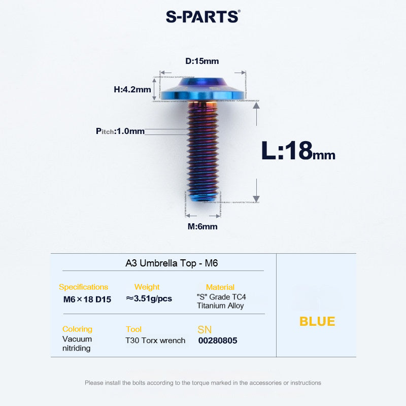 SPARTS A3 Series M6 Titanium Button Head Bolt D15 Grade TC4 | Motorcycle & E-Bike Upgrade Screw