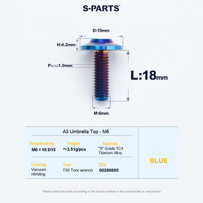 SPARTS A3 Series M6 Titanium Button Head Bolt D15 Grade TC4 | Motorcycle & E-Bike Upgrade Screw