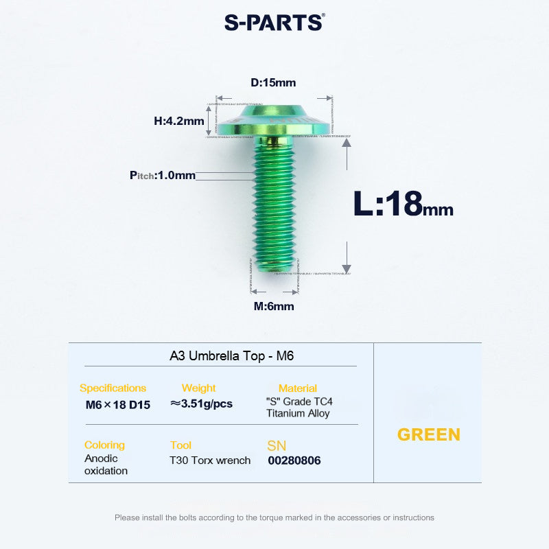 SPARTS A3 Series M6 Titanium Button Head Bolt D15 Grade TC4 | Motorcycle & E-Bike Upgrade Screw