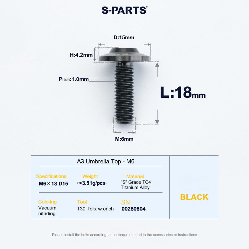 SPARTS A3 Series M6 Titanium Button Head Bolt D15 Grade TC4 | Motorcycle & E-Bike Upgrade Screw