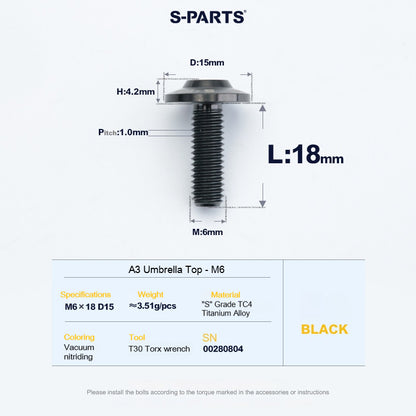 SPARTS A3 Series M6 Titanium Button Head Bolt D15 Grade TC4 | Motorcycle & E-Bike Upgrade Screw