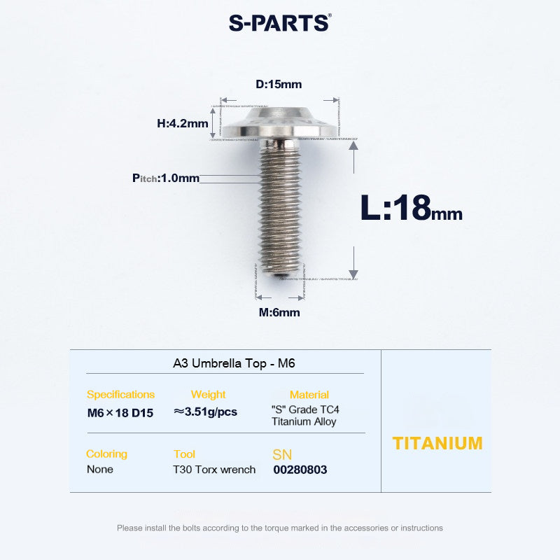SPARTS A3 Series M6 Titanium Button Head Bolt D15 Grade TC4 | Motorcycle & E-Bike Upgrade Screw