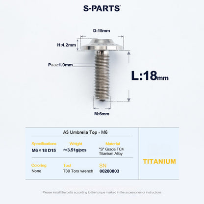 SPARTS A3 Series M6 Titanium Button Head Bolt D15 Grade TC4 | Motorcycle & E-Bike Upgrade Screw
