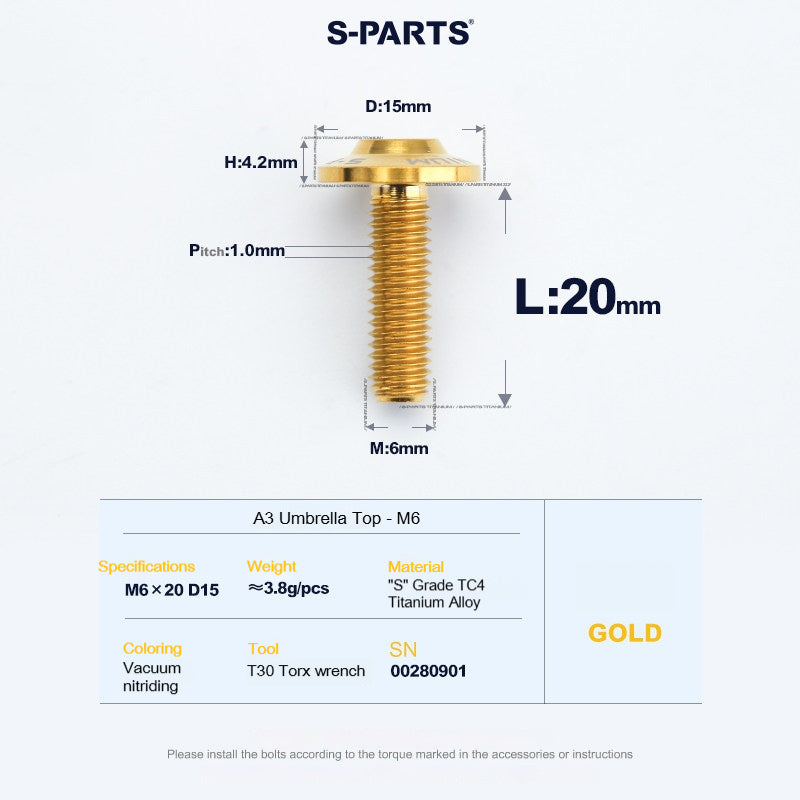 SPARTS A3 Series M6 Titanium Button Head Bolt D15 Grade TC4 | Motorcycle & E-Bike Upgrade Screw