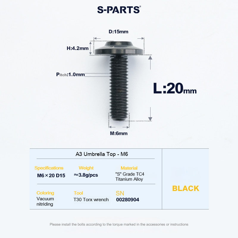 SPARTS A3 Series M6 Titanium Button Head Bolt D15 Grade TC4 | Motorcycle & E-Bike Upgrade Screw